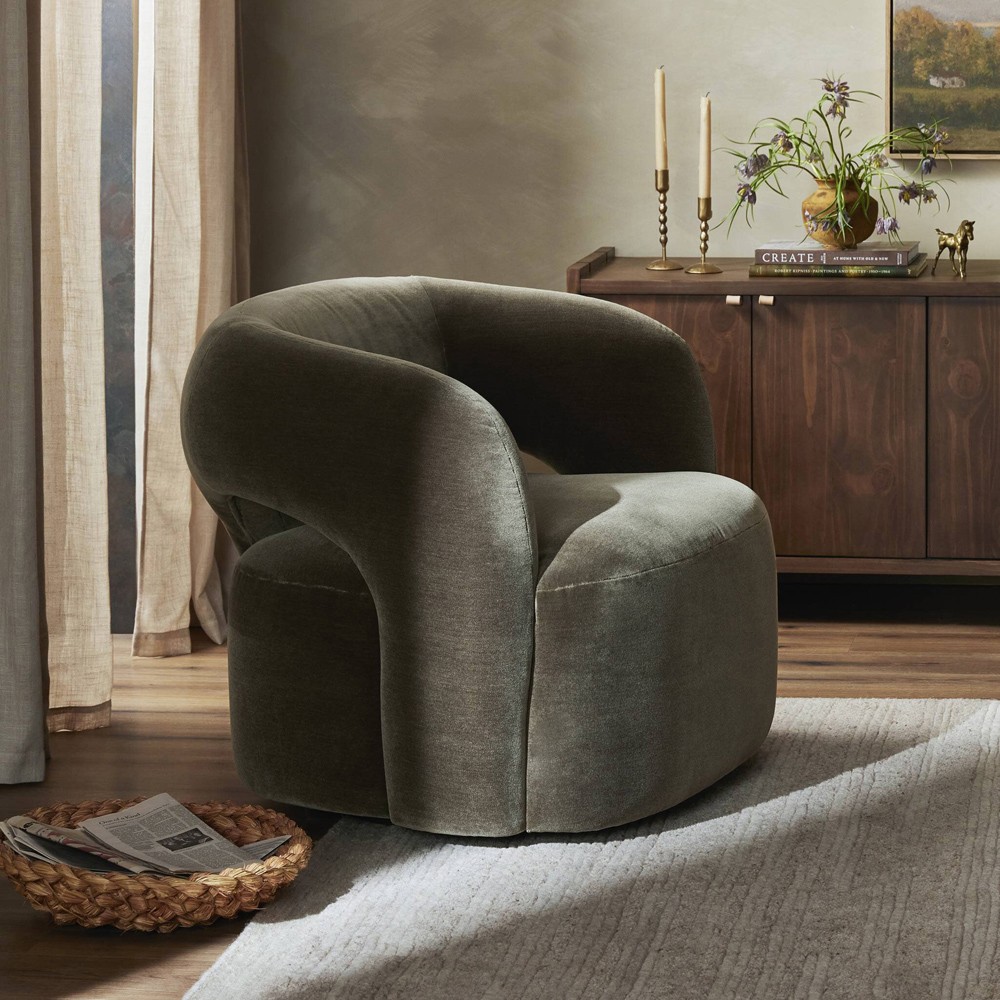 Mazie Modern Classic Monte Olive Velvet Swivel Chair|