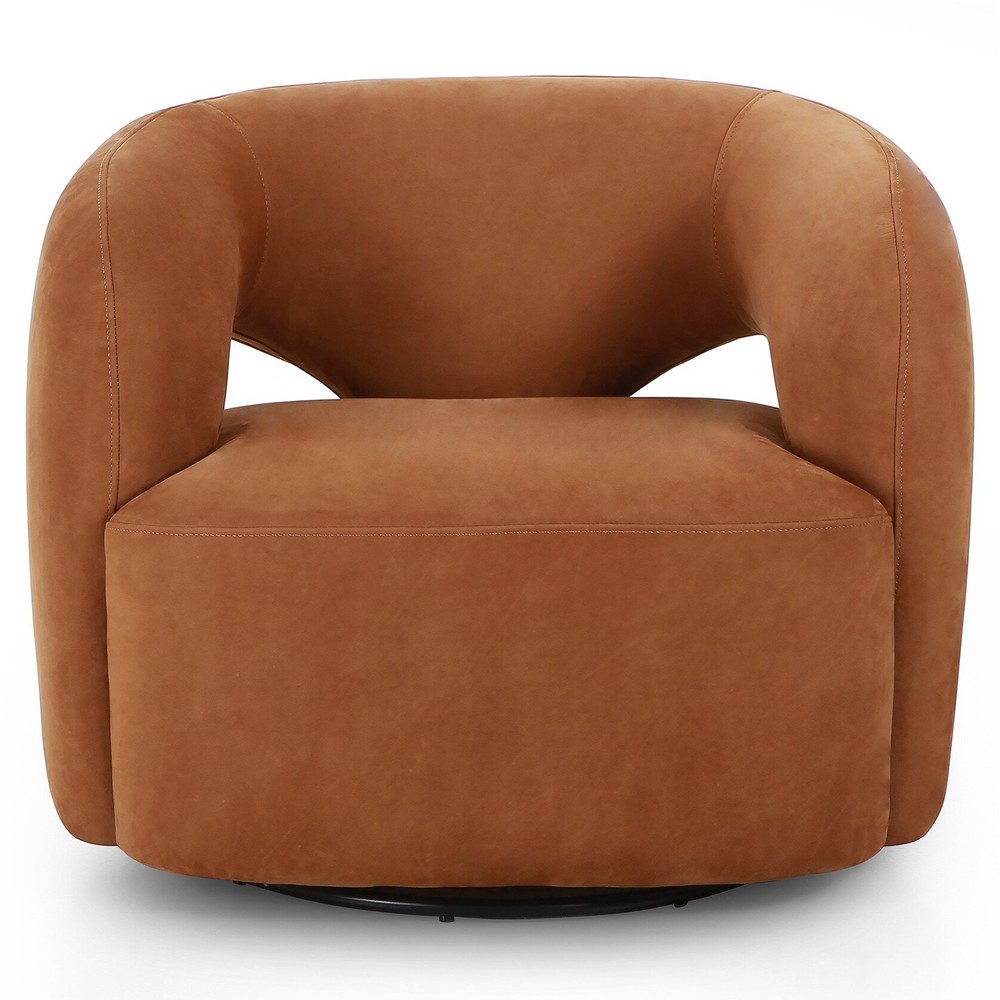 Mazie Modern Classic Nubuck Cognac Leather Velvet Swivel Chair|