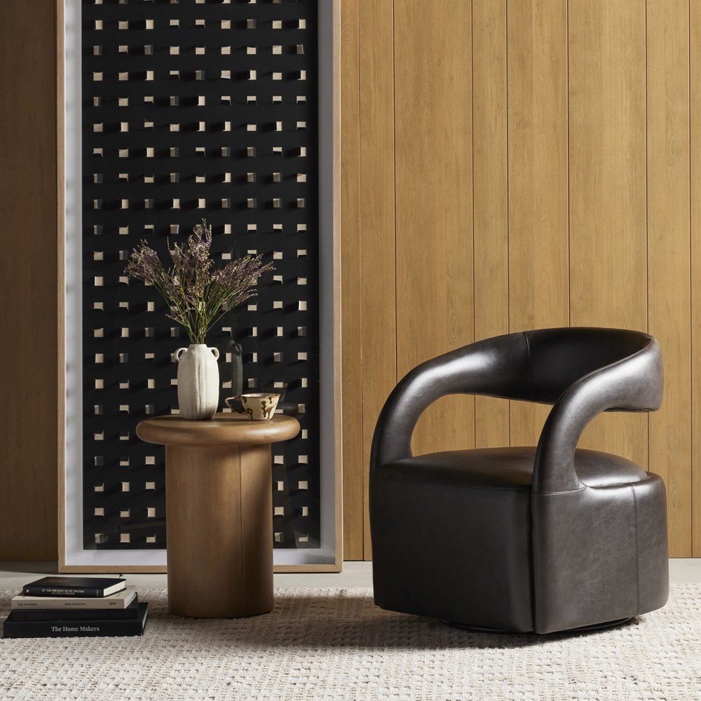 Alexander Modern Classic Sonoma Black Leather Swivel Barrel Chair|