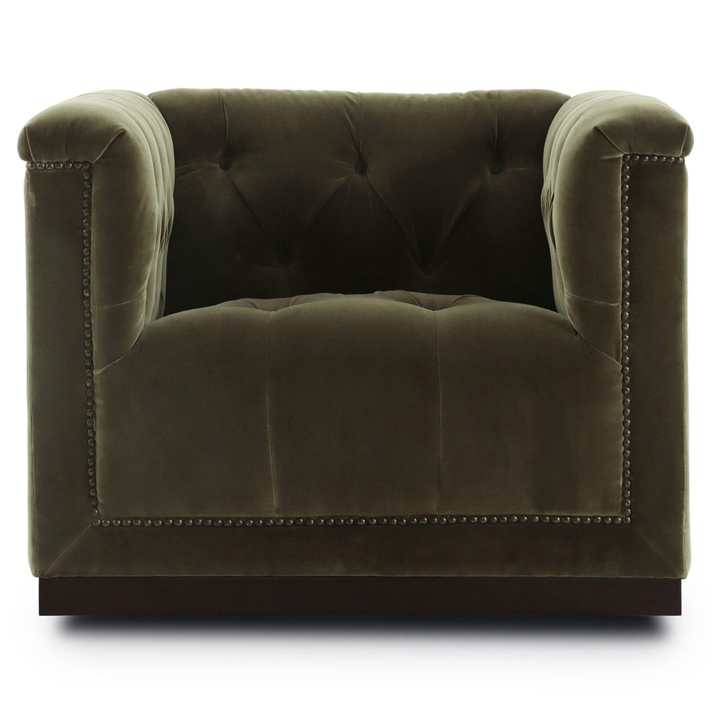 Emmy Rustic Lodge Surrey Olive Velvet Tufted Nailhead Trim Swivel Club Chair|