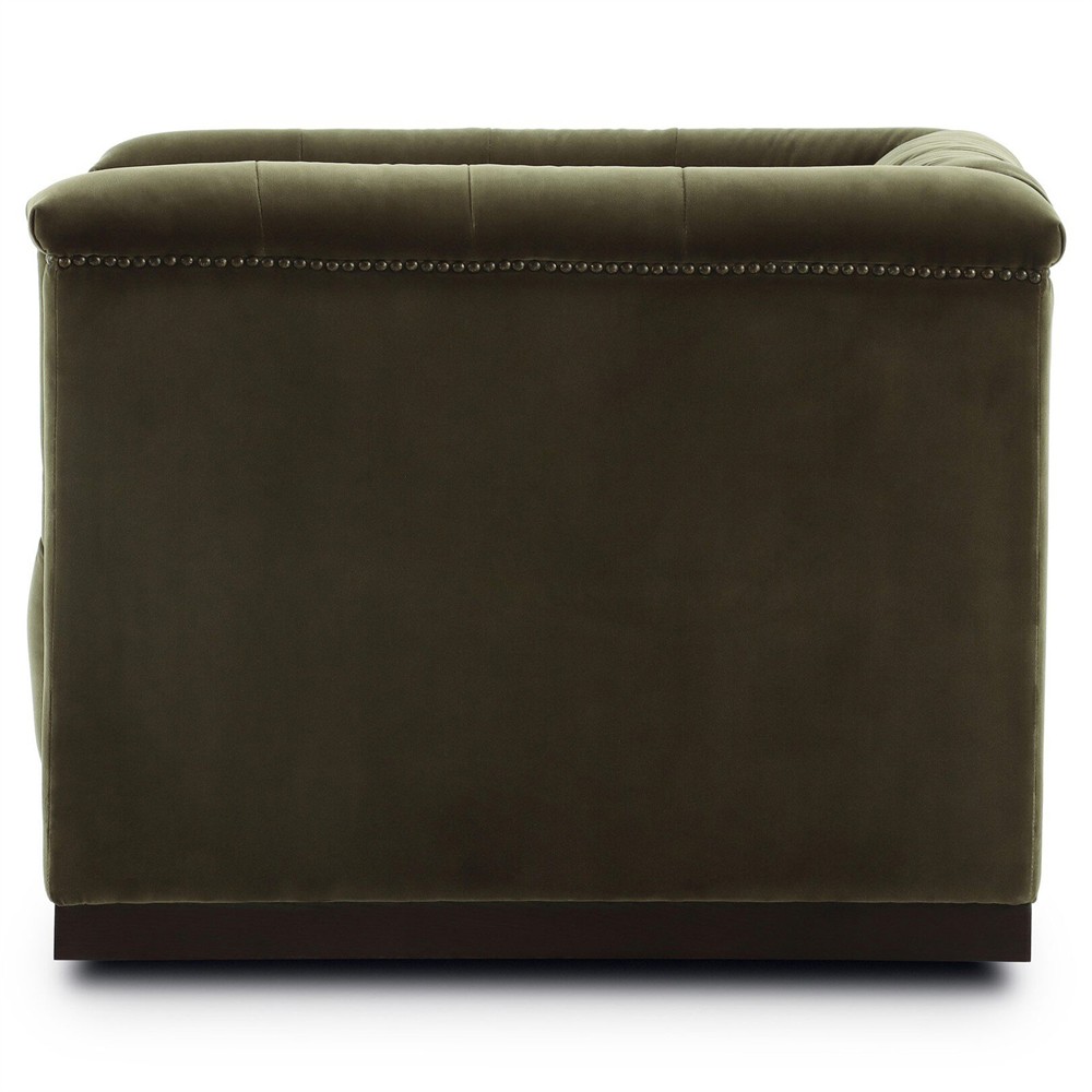 Emmy Rustic Lodge Surrey Olive Velvet Tufted Nailhead Trim Swivel Club Chair|