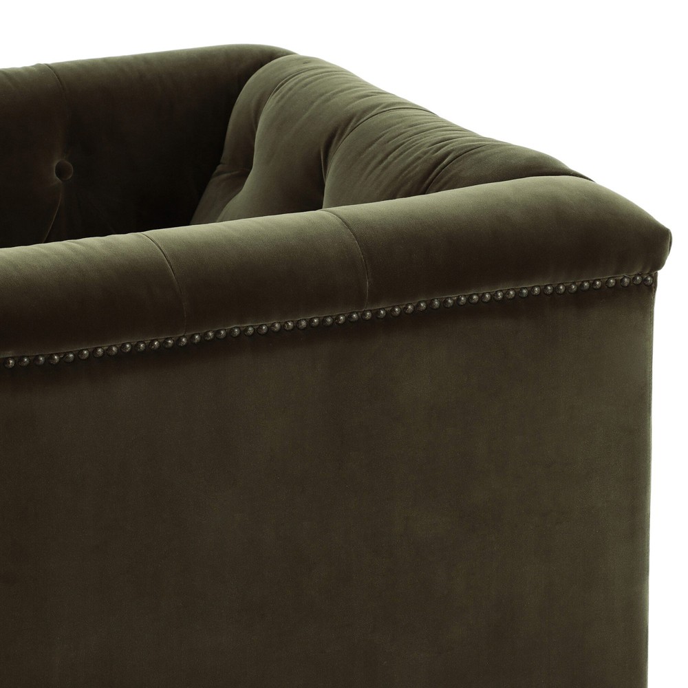 Emmy Rustic Lodge Surrey Olive Velvet Tufted Nailhead Trim Swivel Club Chair|