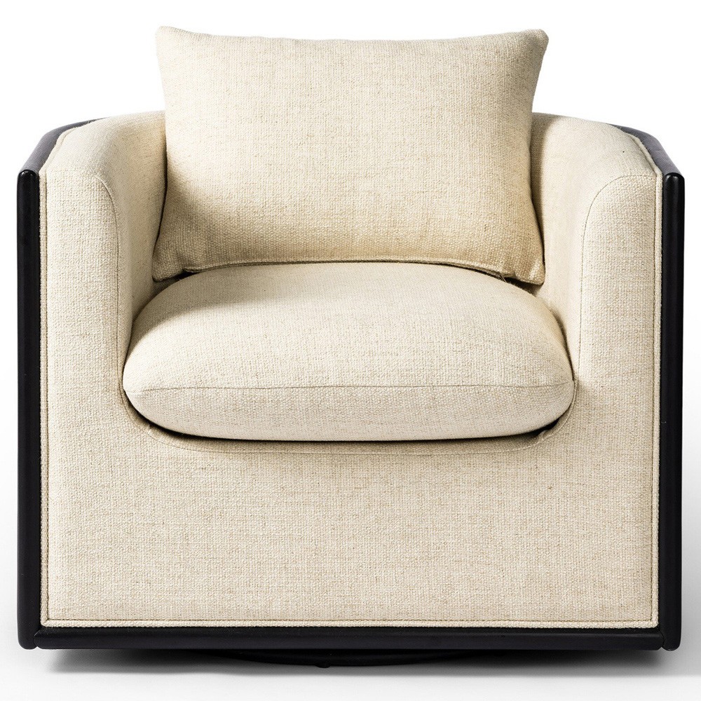 Jun Coastal Beach Thames Cream Performance Black Wood Woven Cane Swivel Chair|