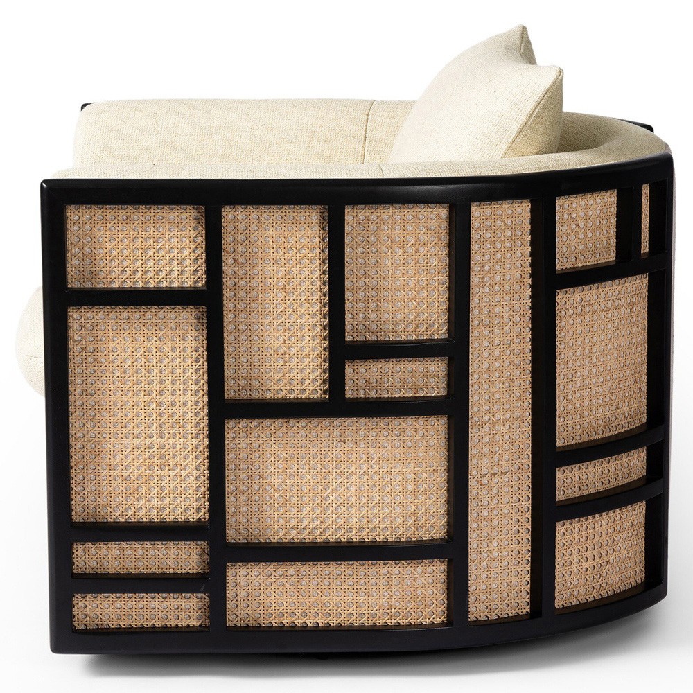 Jun Coastal Beach Thames Cream Performance Black Wood Woven Cane Swivel Chair|