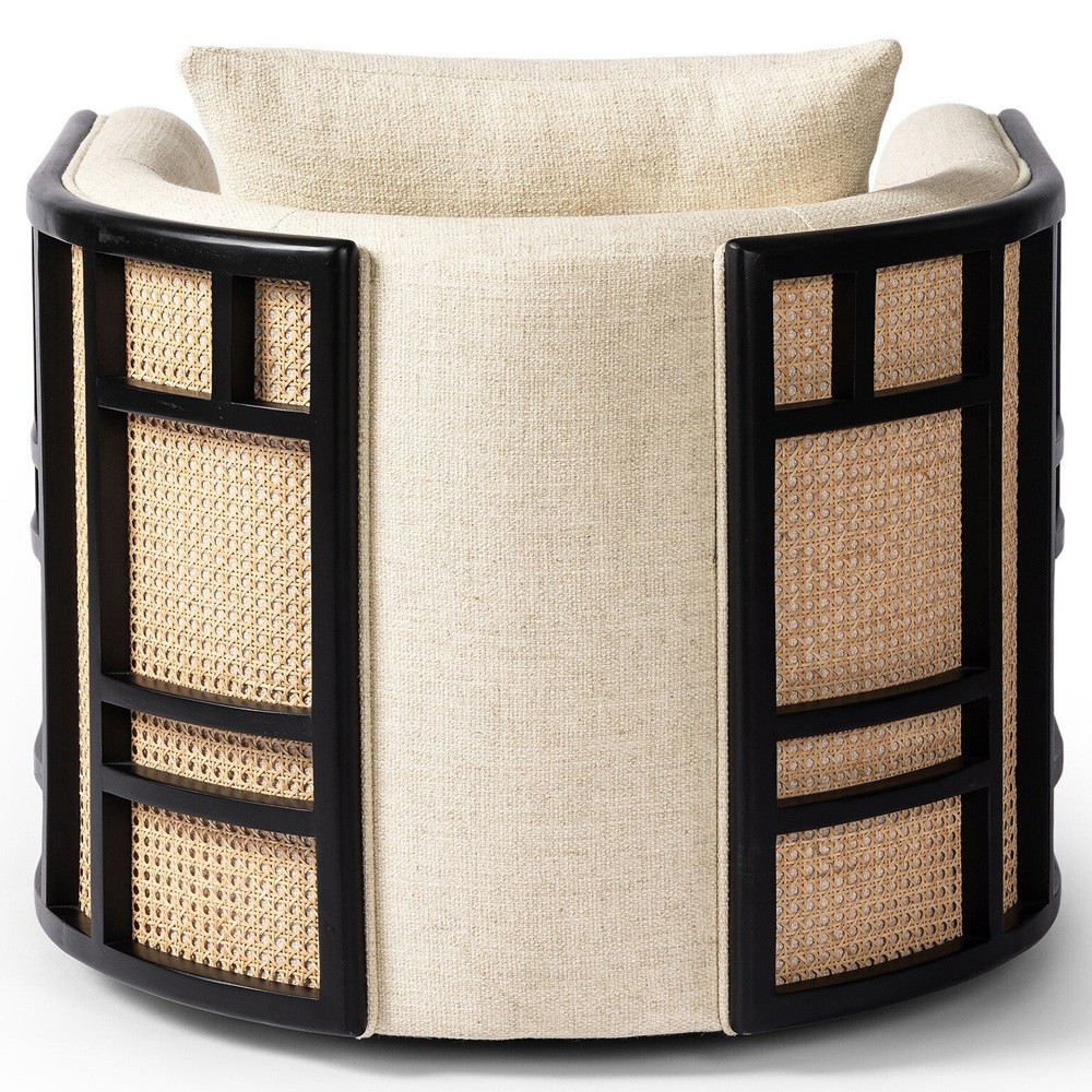 Jun Coastal Beach Thames Cream Performance Black Wood Woven Cane Swivel Chair|