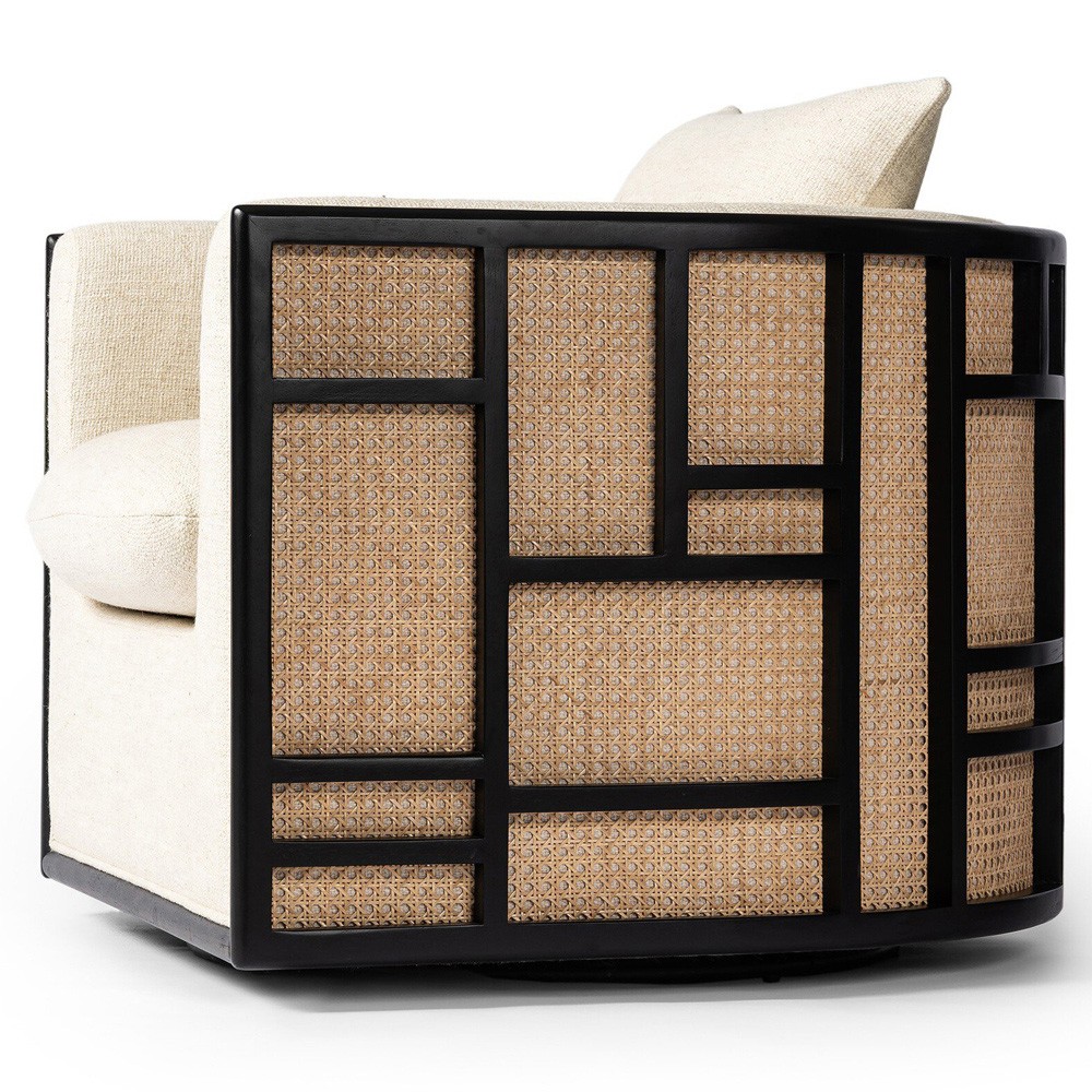 Jun Coastal Beach Thames Cream Performance Black Wood Woven Cane Swivel Chair|