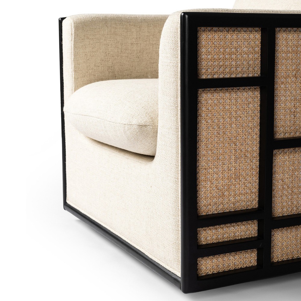 Jun Coastal Beach Thames Cream Performance Black Wood Woven Cane Swivel Chair|