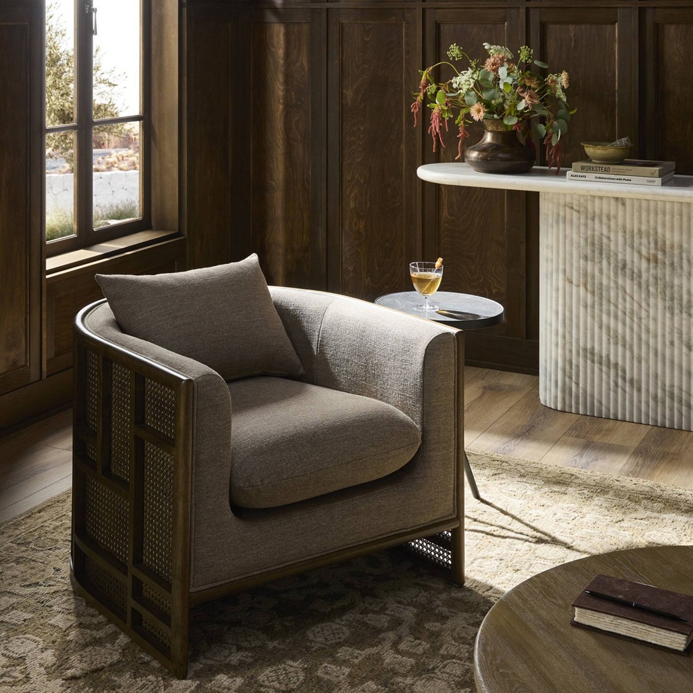 Jun Modern Alcala Fawn Performance Vintage Wood Woven Cane Arm Chair|