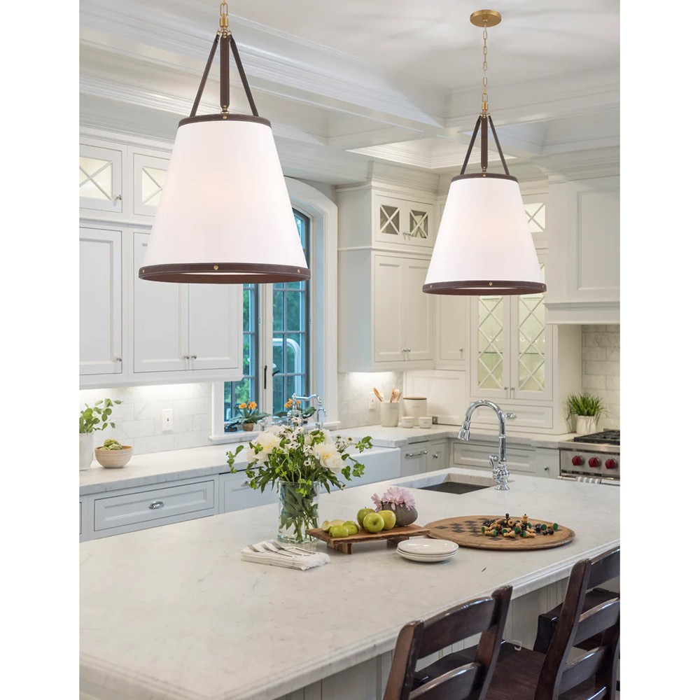 Mirea Updated Traditional White Linen Shade Leather Trim Pendant|