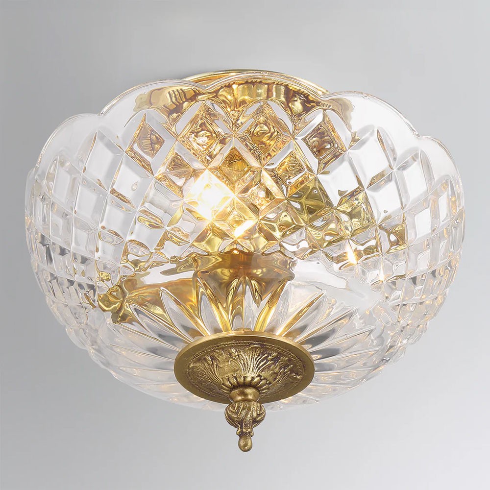 Cassandra Updated Traditional Crystal Bowl Brass 2 Light Semi Flush Mount|
