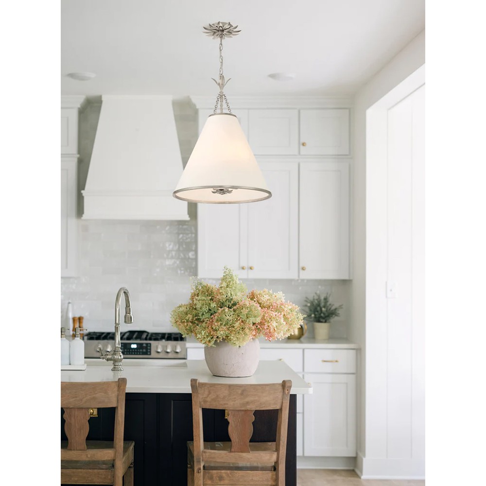 Liora Updated Traditional White Silk Shade Antique Silver Pendant|