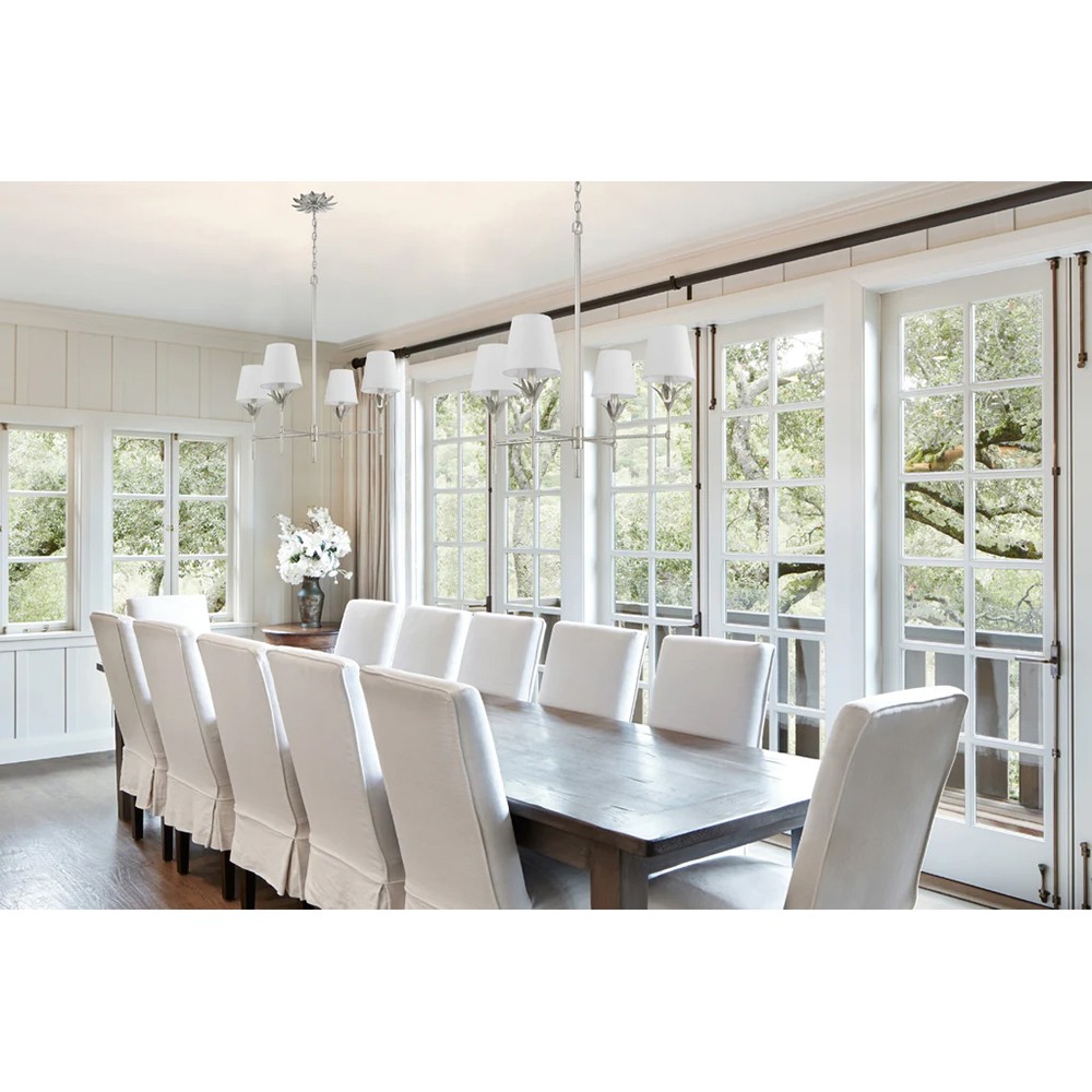 Liora Updated Traditional White Silk Shade Antique Silver Chandelier|