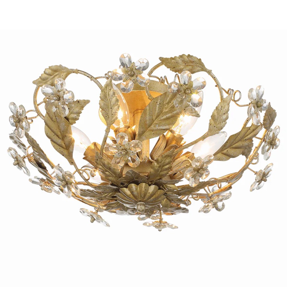 Elysia French Country Gold Leaf Crystal Floral Semi Flush Mount|