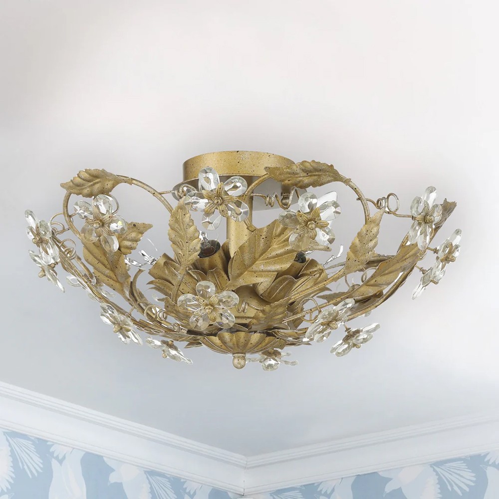 Elysia French Country Gold Leaf Crystal Floral Semi Flush Mount|