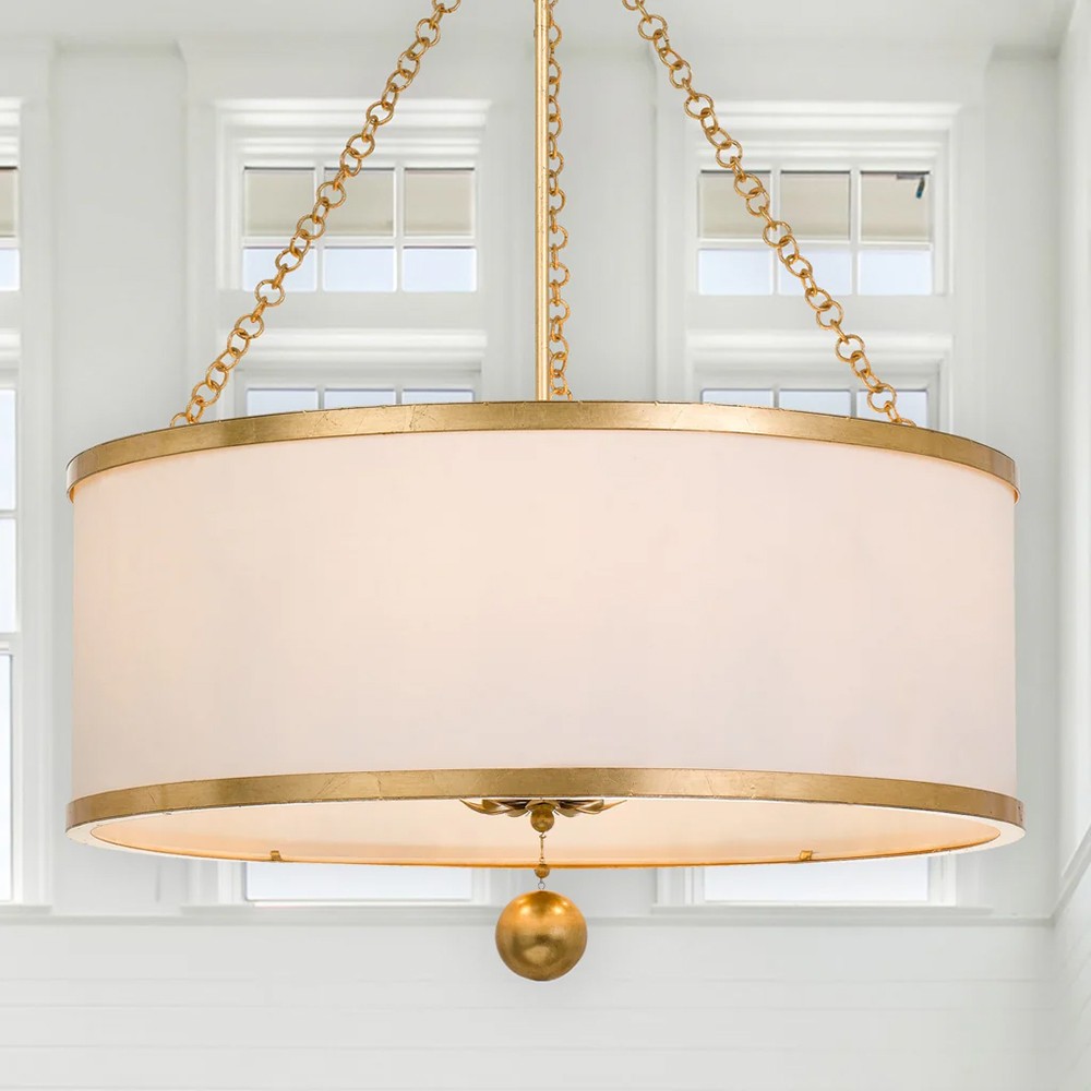 Liora Updated Traditional White Silk Drum Shade Antique Gold 6 Light Chandelier|