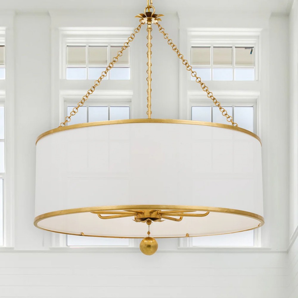 Liora Updated Traditional White Silk Drum Shade Antique Gold 8 Light Chandelier|