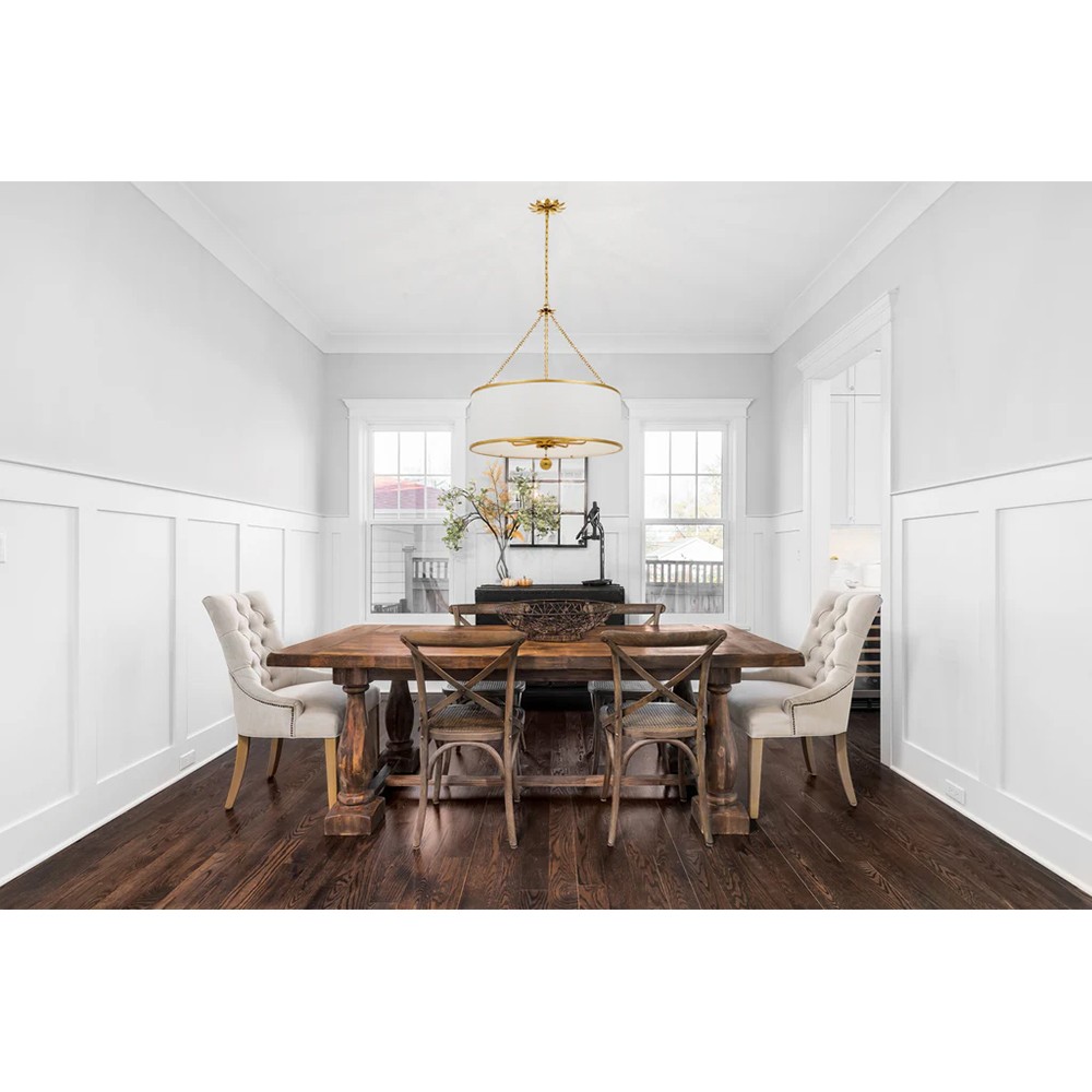 Liora Updated Traditional White Silk Drum Shade Antique Gold 8 Light Chandelier|