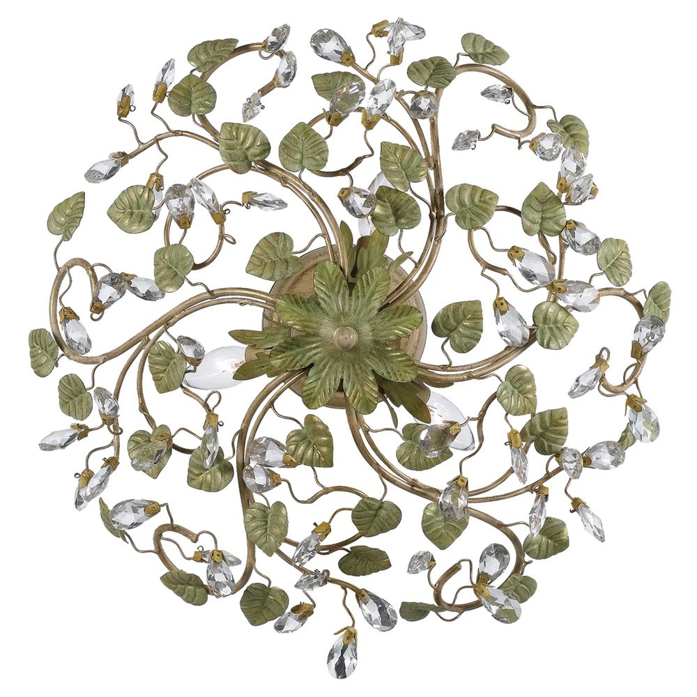 Ava French Country Champagne Green Leaf Crystal Semi Flush Mount|