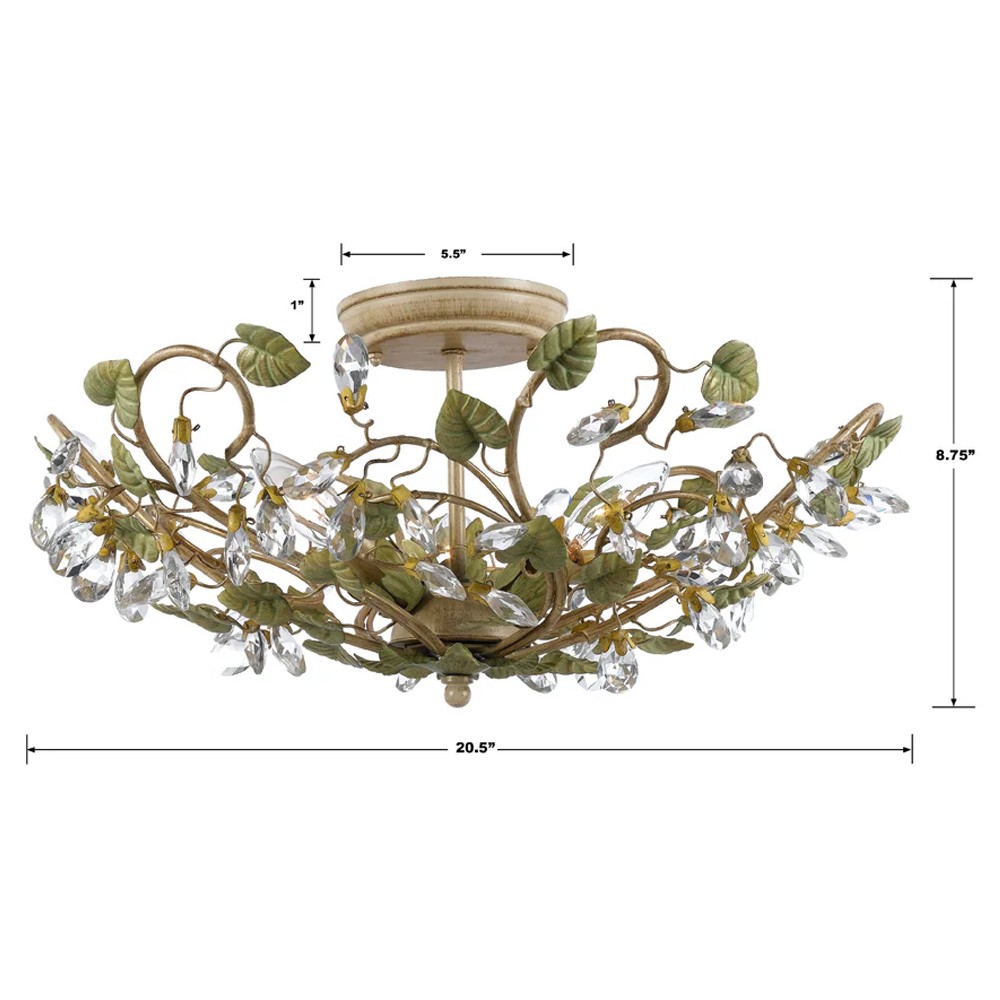 Ava French Country Champagne Green Leaf Crystal Semi Flush Mount|