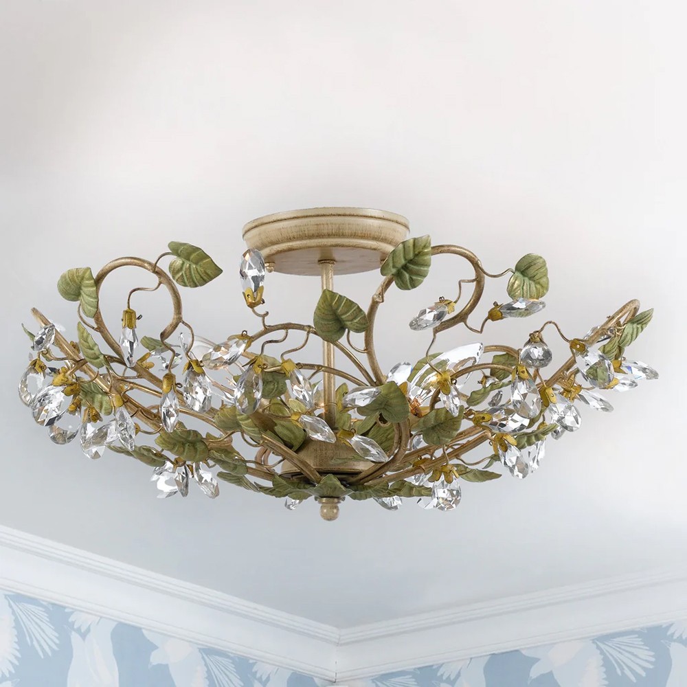 Ava French Country Champagne Green Leaf Crystal Semi Flush Mount|