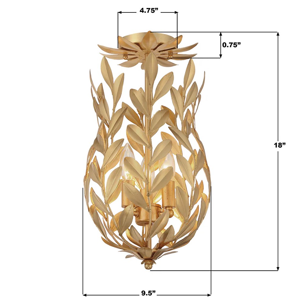 Liora Updated Traditional Antique Gold Leaf Steel 3 Light Semi Flush Mount|