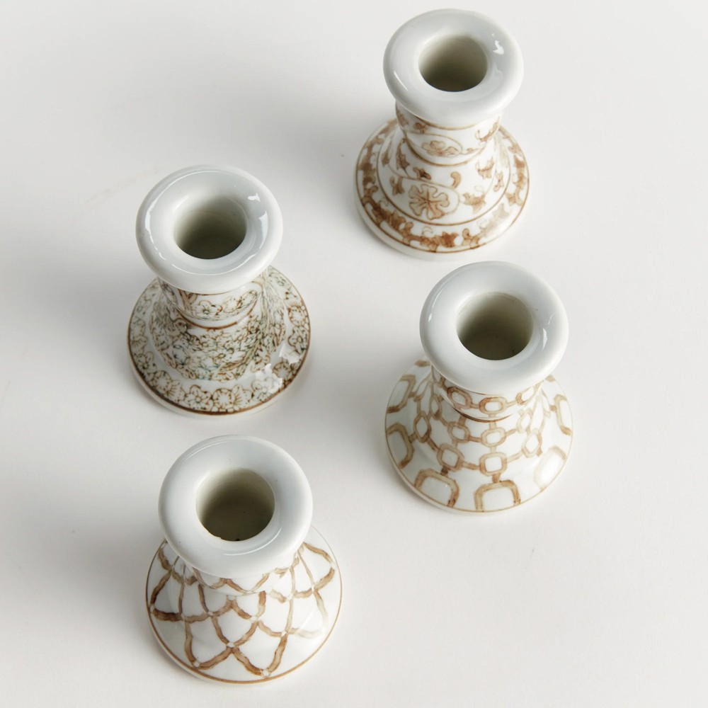 Nolan French Country Taupe Ceramic Chinoiserie Candle Holder - Set of 4|