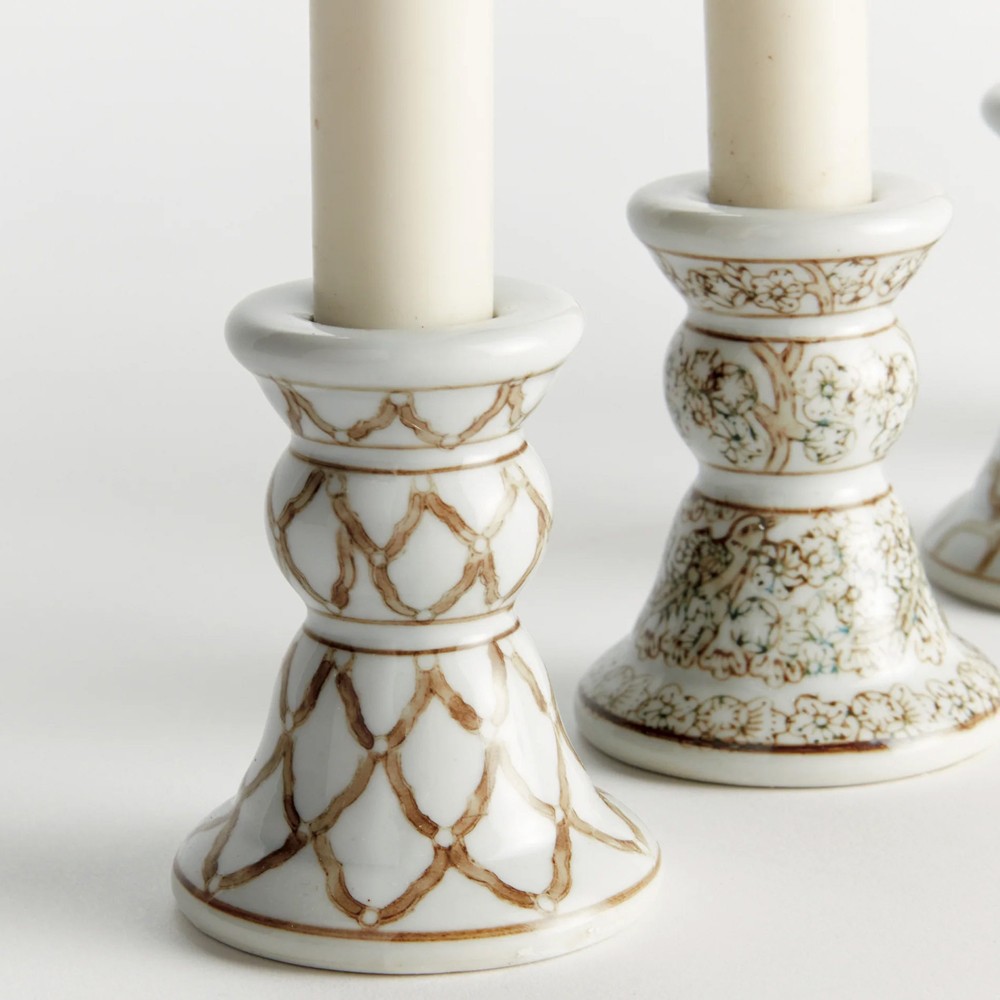 Nolan French Country Taupe Ceramic Chinoiserie Candle Holder - Set of 4|