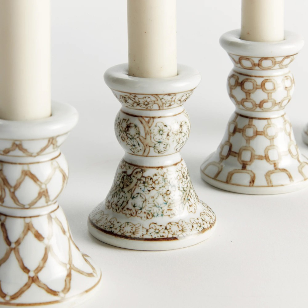 Nolan French Country Taupe Ceramic Chinoiserie Candle Holder - Set of 4|