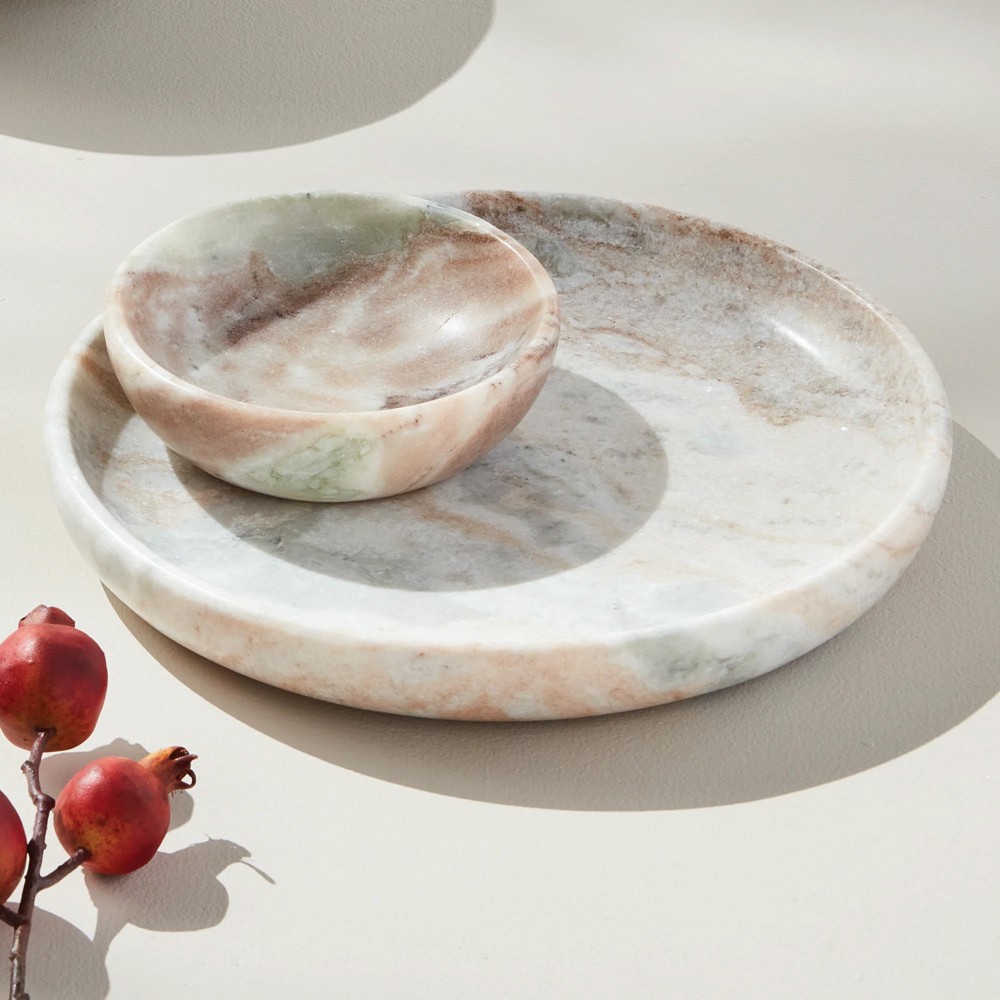 Elysia Updated Traditional Matte Brown Marble Round Decorative Tray|