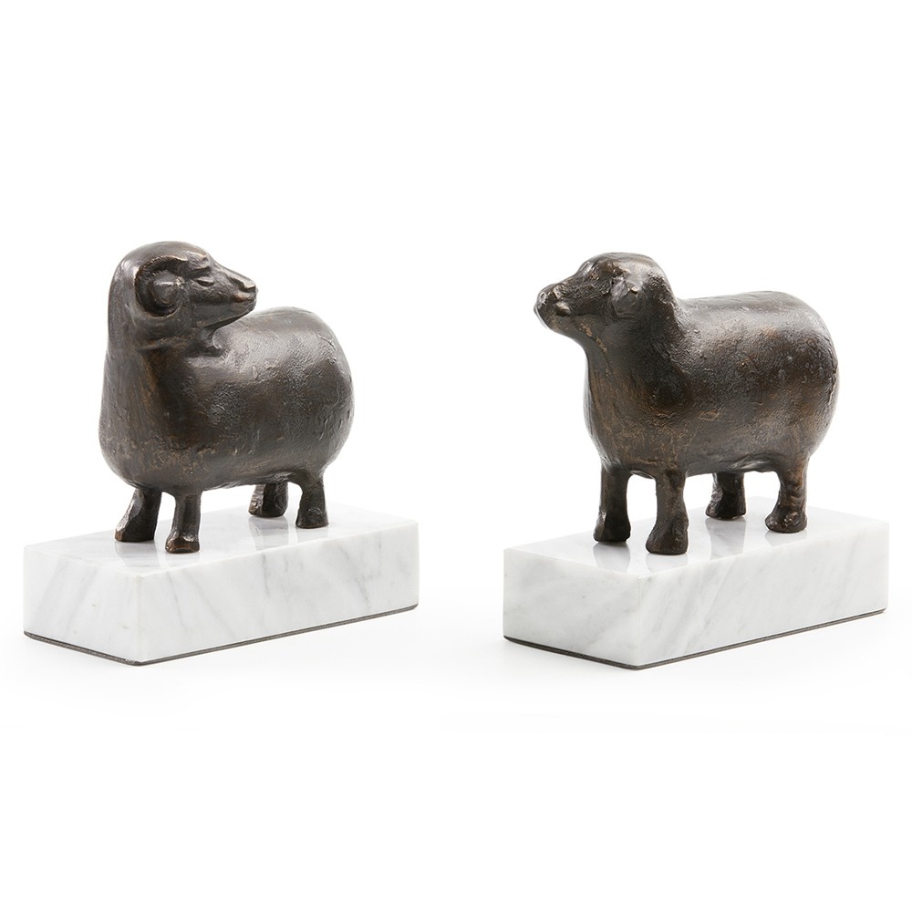 Sheep Updated Traditional White Marble Bronze Metal Bookends|
