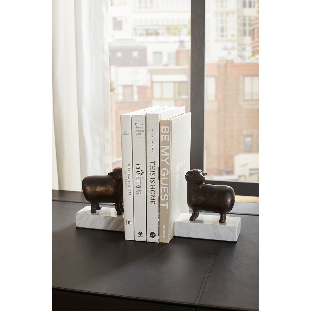 Sheep Updated Traditional White Marble Bronze Metal Bookends|
