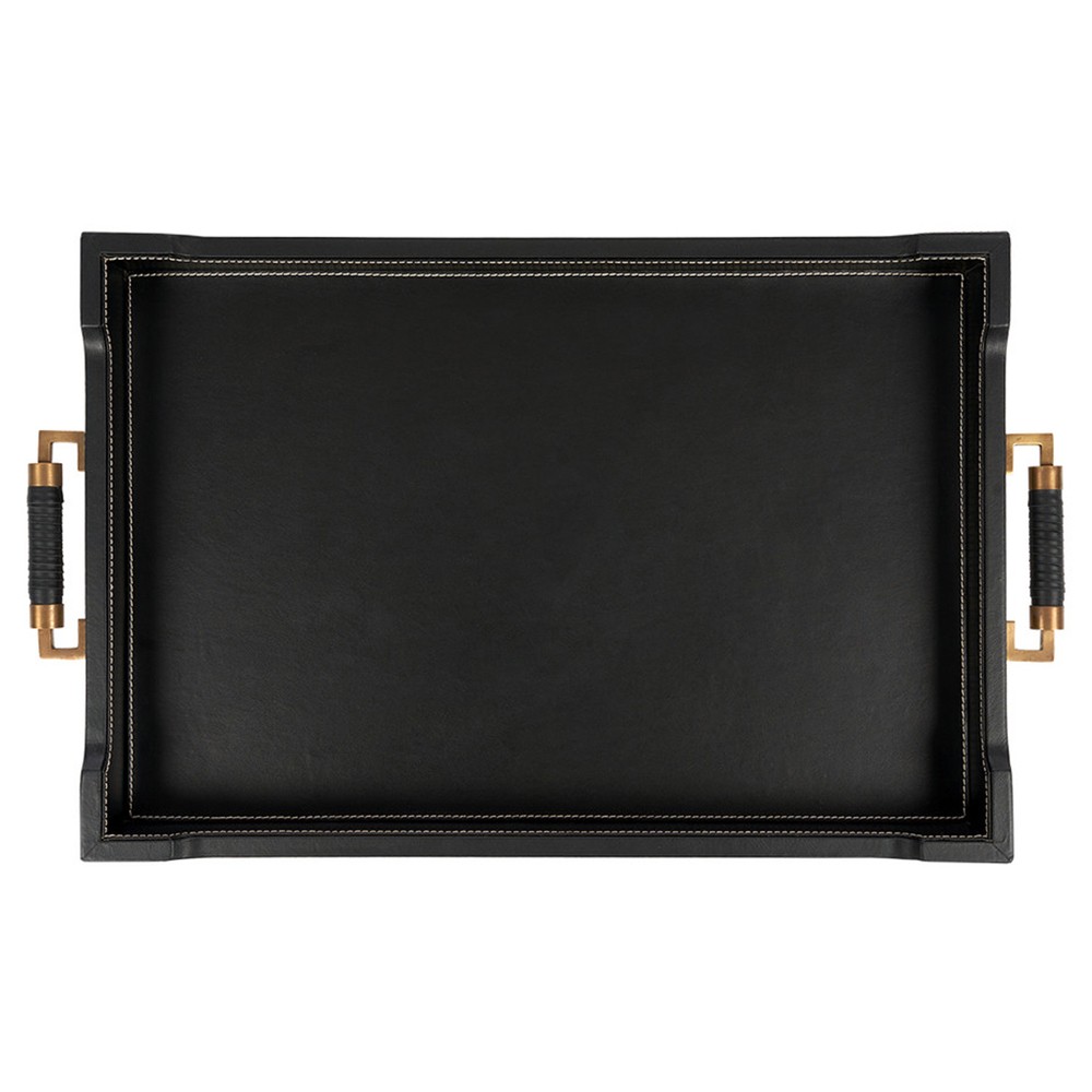 Toulon Traditional Black Leather Natural Canvas Rectangular Decorative Tray|