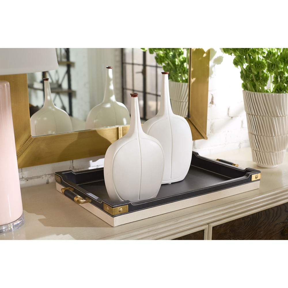 Toulon Traditional Black Leather Natural Canvas Rectangular Decorative Tray|