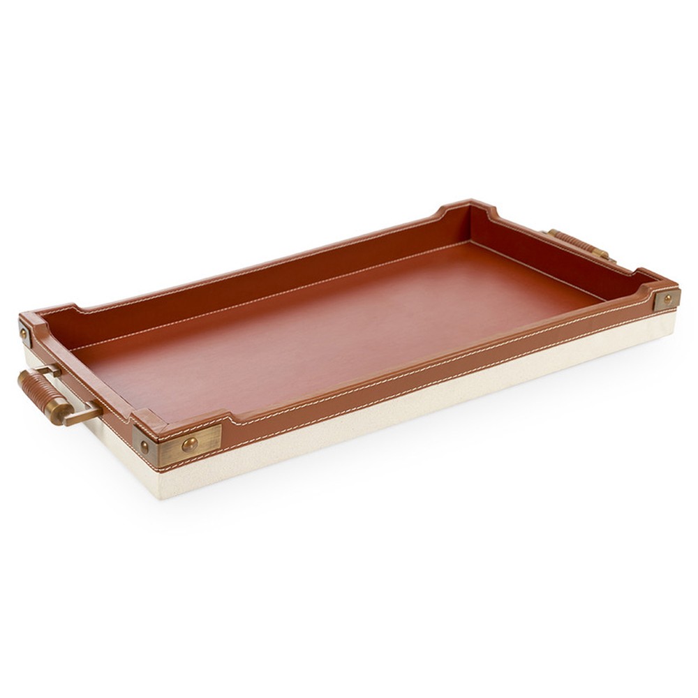 Toulon Traditional Tan Leather Natural Canvas Rectangular Decorative Tray|