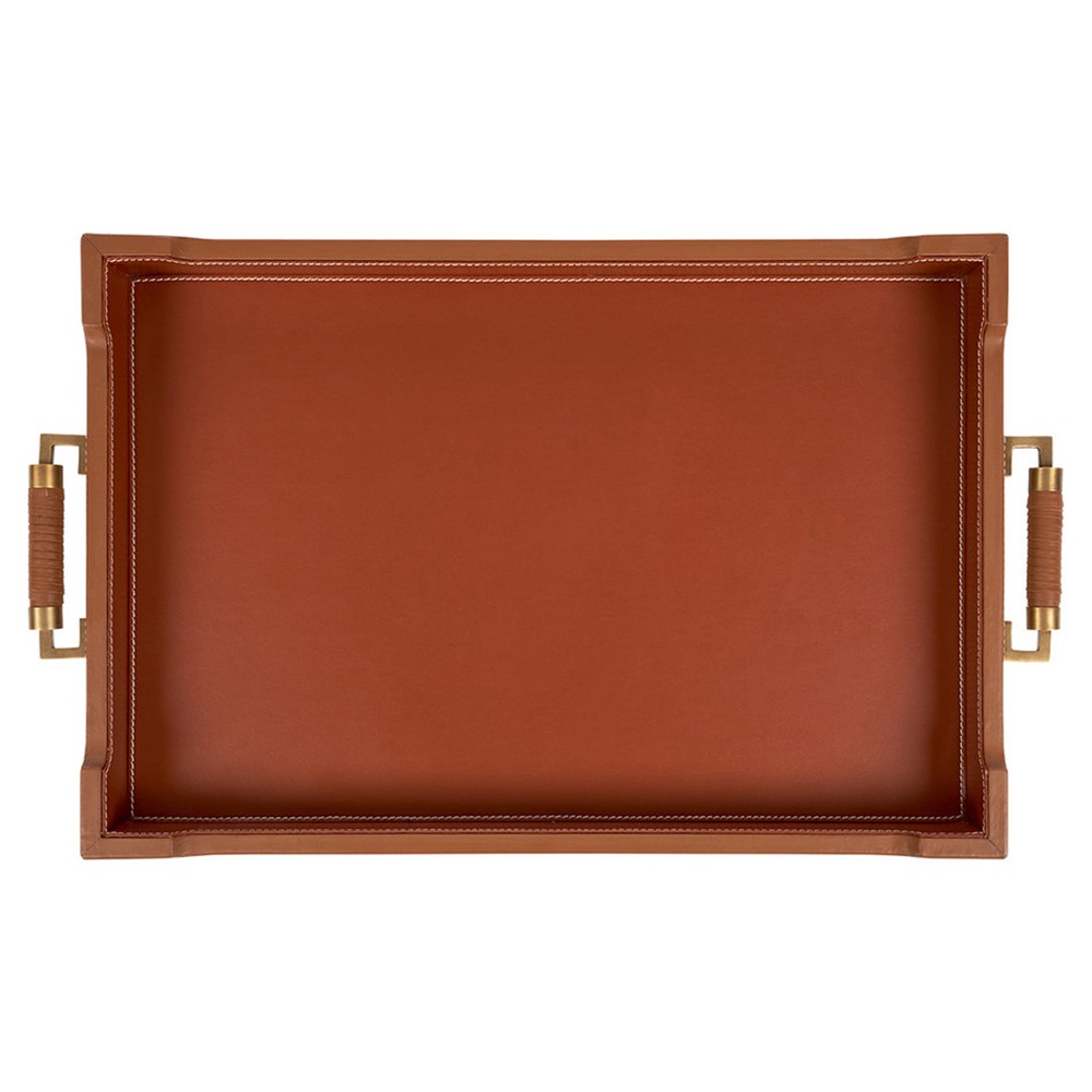 Toulon Traditional Tan Leather Natural Canvas Rectangular Decorative Tray|