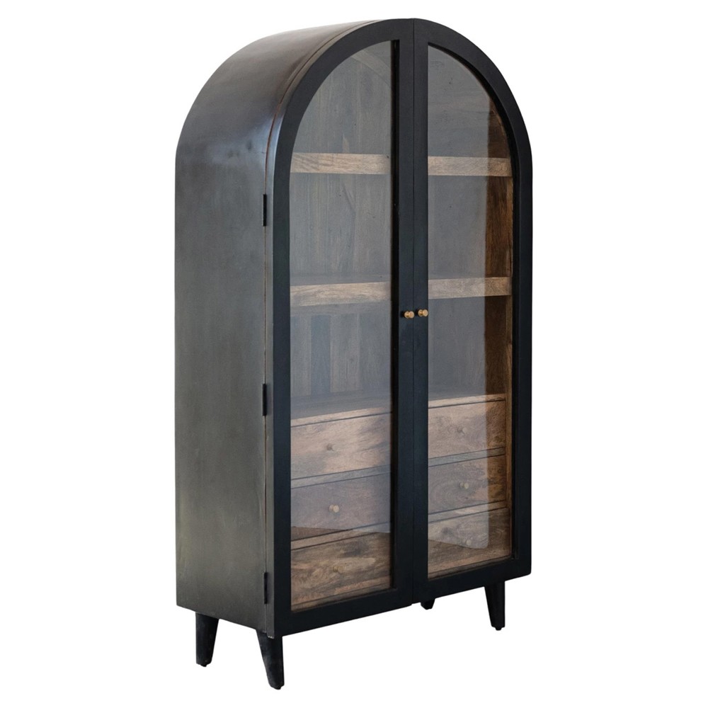 Ysabel Modern Classic Black Mango Wood Glass Arched Cabinet|