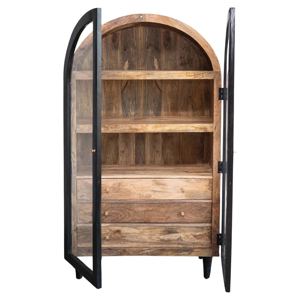 Ysabel Modern Classic Black Mango Wood Glass Arched Cabinet|