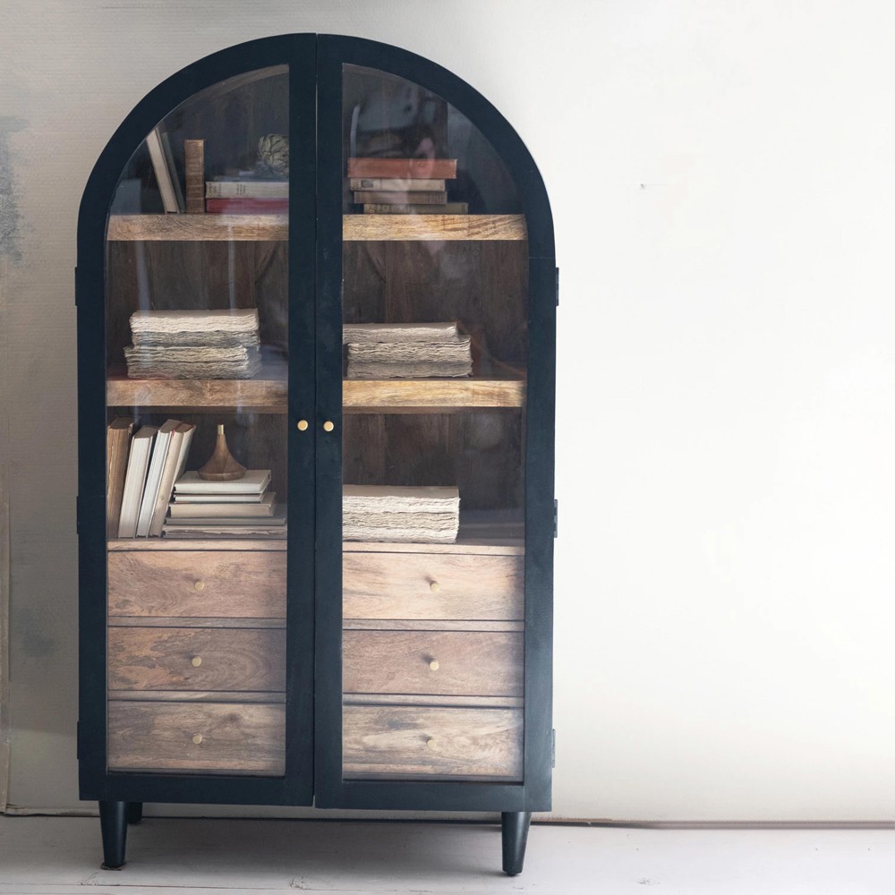 Ysabel Modern Classic Black Mango Wood Glass Arched Cabinet|