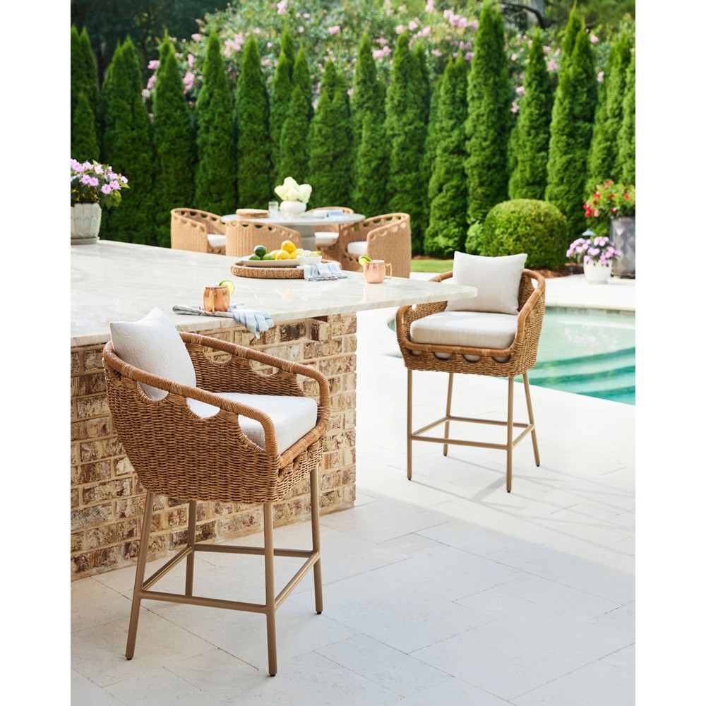 Olara Coastal Beach Cream Sunbrella Woven Wicker Outdoor Bar Stool|