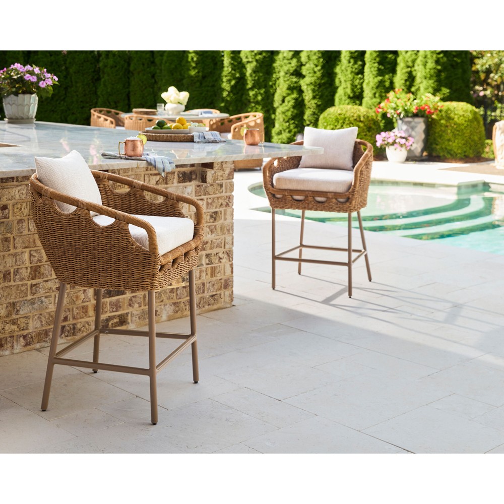 Olara Coastal Beach Cream Sunbrella Woven Wicker Outdoor Bar Stool|