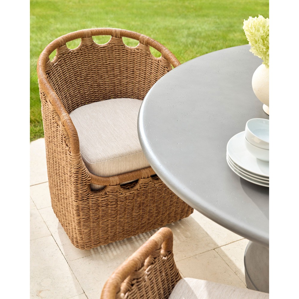 Olara Coastal Beach Cream Sunbrella Woven Wicker Outdoor Dining Arm Chair|