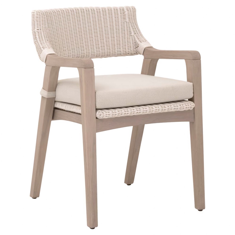 Lucile Coastal Cream Cushion Woven Wicker Washed Teak Outdoor Dining Arm Chair|