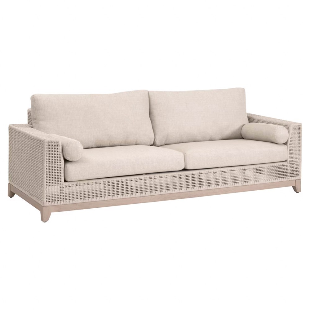 Alaina Coastal Beach Beige Woven Rope Teak Wood Outdoor Sofa - 90"|