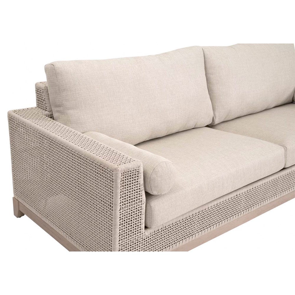 Alaina Coastal Beach Beige Woven Rope Teak Wood Outdoor Sofa - 90"|