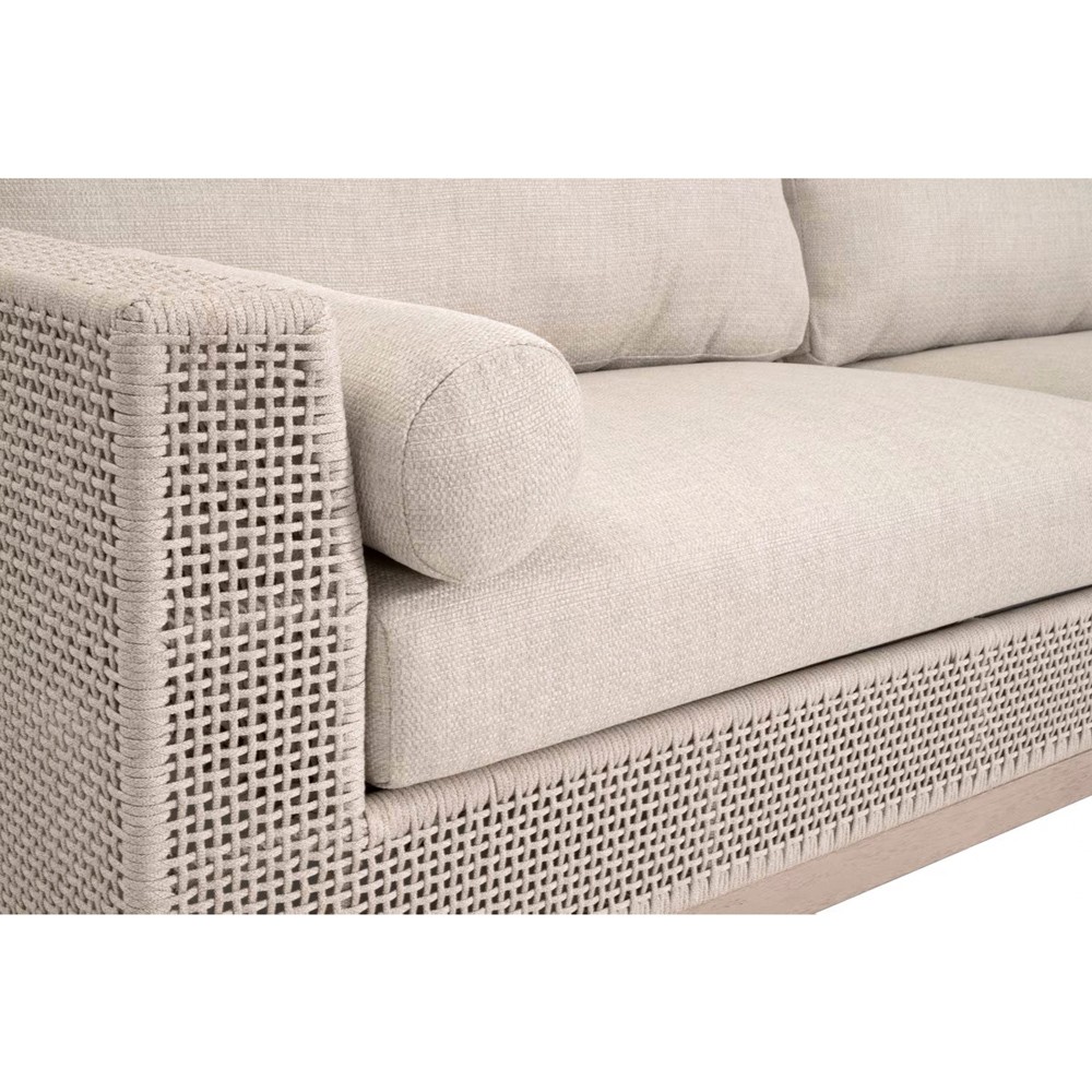 Alaina Coastal Beach Beige Woven Rope Teak Wood Outdoor Sofa - 90"|