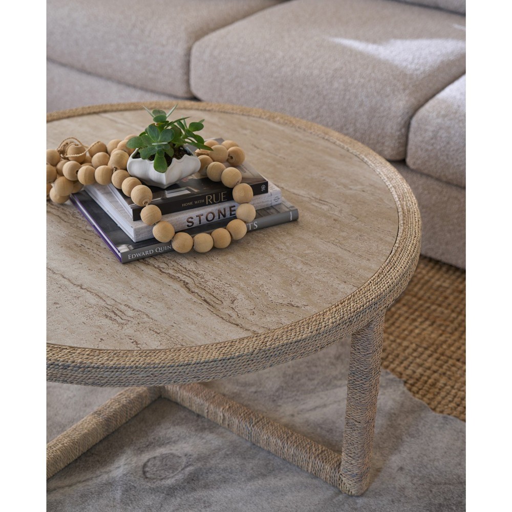 Riona Coastal Beach Beige Travertine Natural Woven Abaca Round