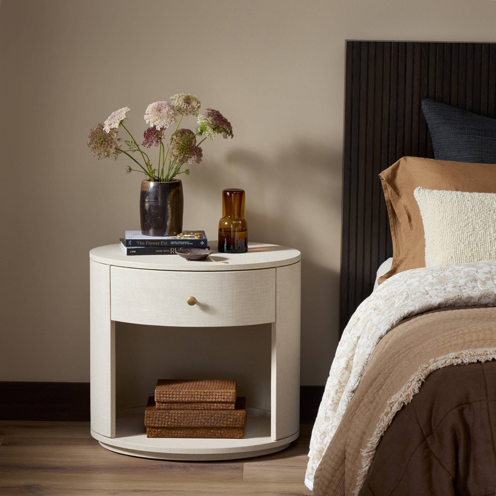 Beatrice Modern Classic Cream Painted Linen 1 Drawer Nightstand|