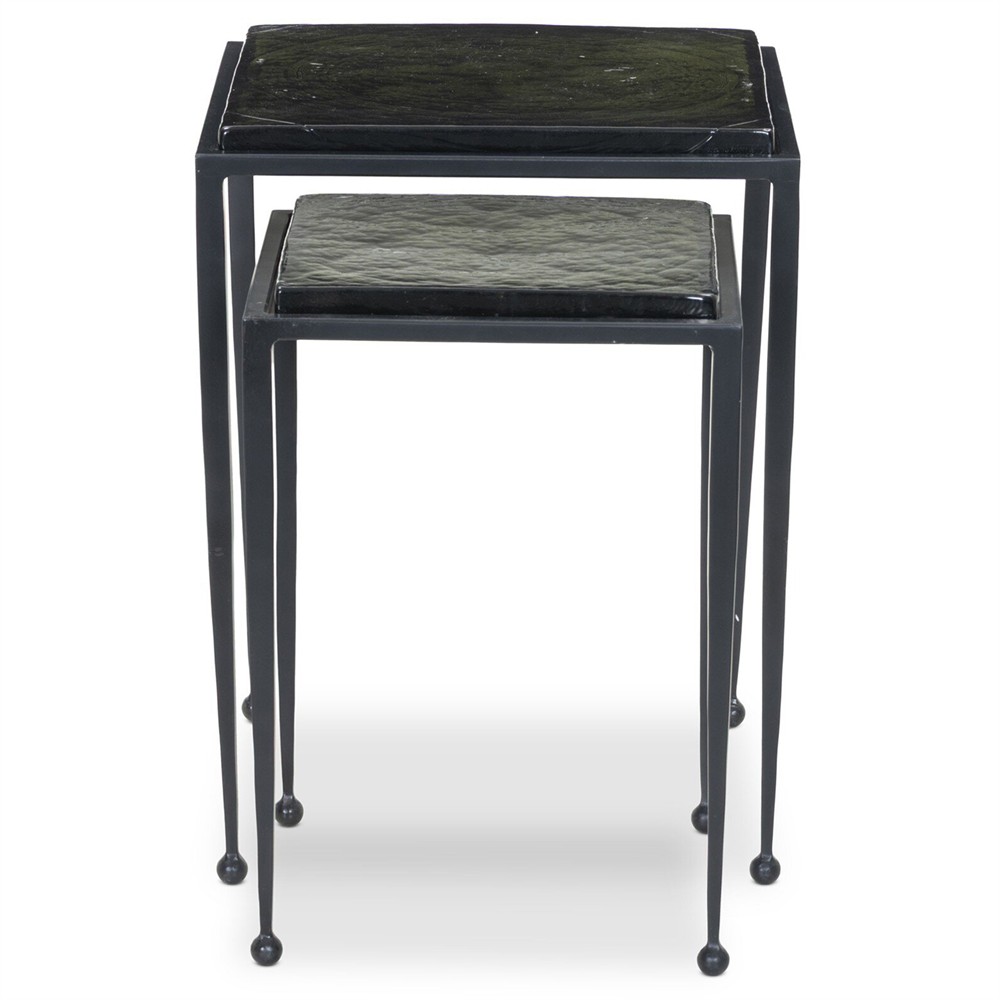 Fector Industrial Loft Moss Green Glass Iron Square Nesting End Tables|