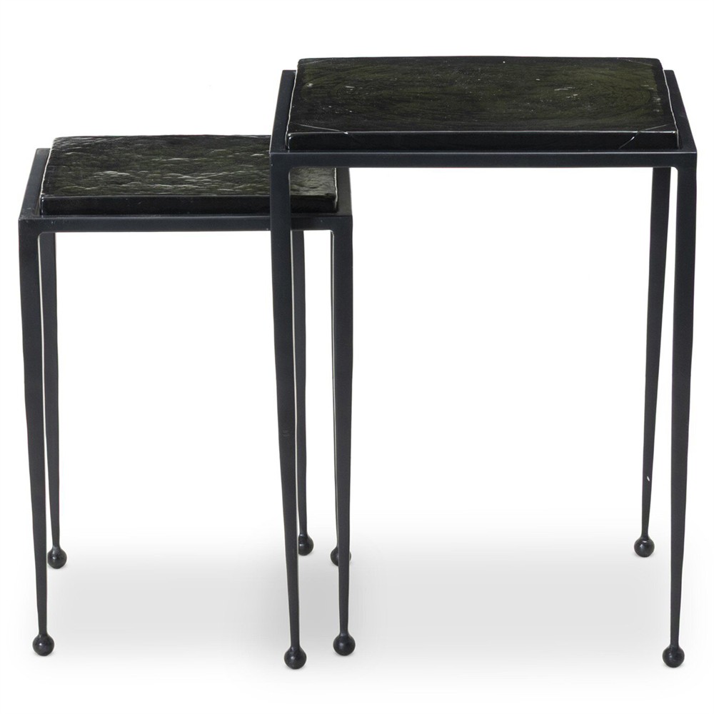 Fector Industrial Loft Moss Green Glass Iron Square Nesting End Tables|