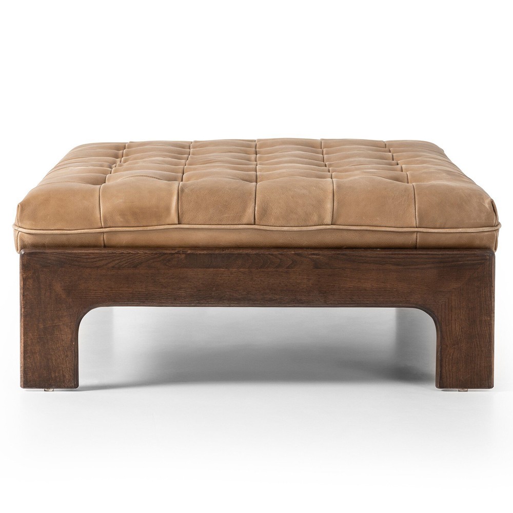 Hadley Rustic Tan Leather Brown Wood Tufted Cocktail Ottoman|
